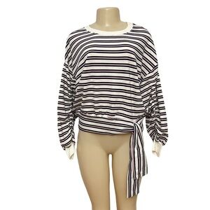 Kenzie Striped Tie‎ Waist Long Sleeve Top Pink White Black Jersey Sweatshirt